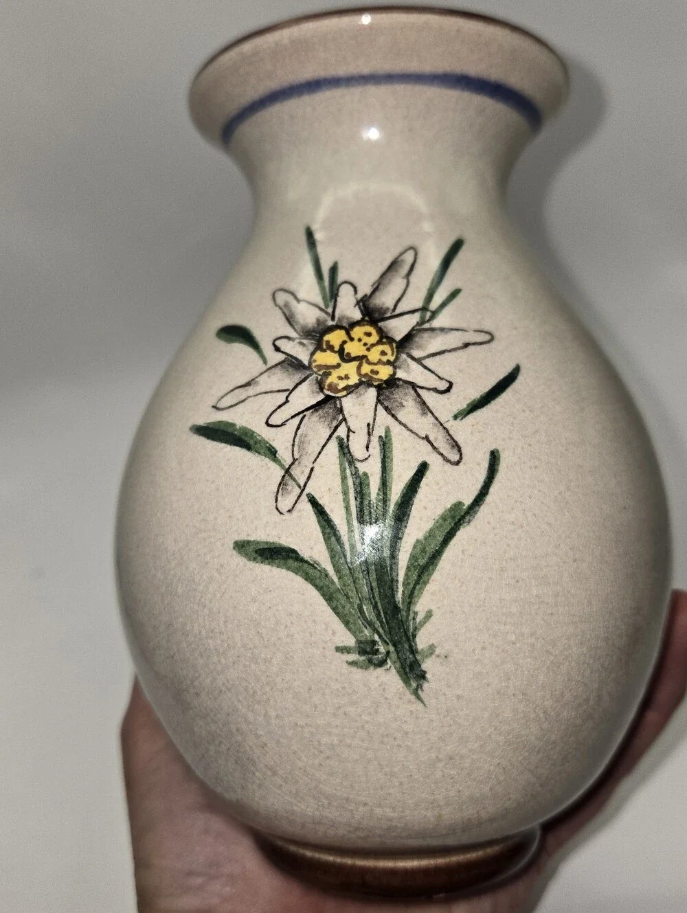 Vintage Handpainted Floral Ceramic Vase With Crackled Glaze
